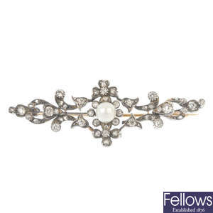 A late 19th century cultured pearl and diamond brooch.