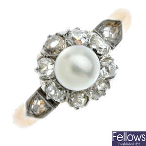 An early 20th century platinum and 18ct gold cultured pearl and diamond cluster ring.