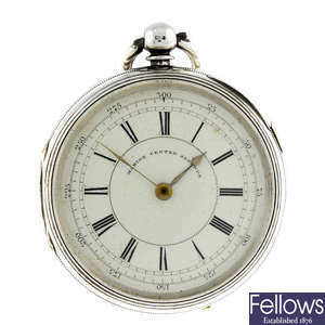 A silver open face centre seconds pocket watch.