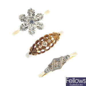 A selection of three early to mid 20th century 18ct gold diamond rings.