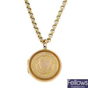 An early 20th century 9ct gold locket and longuard chain. 