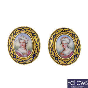 A pair of early 20th century gold miniature portrait and enamel earrings.