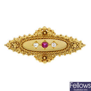 A late Victorian 15ct gold ruby and diamond cannetille brooch.