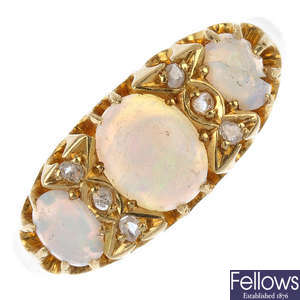 A late Victorian 18ct gold opal and diamond three-stone ring.