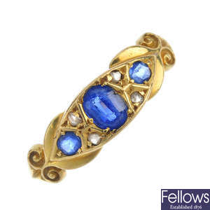 An Edwardian 18ct gold sapphire and diamond ring.