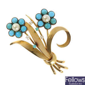 A mid 20th century cultured pearl and turquoise floral spray brooch.