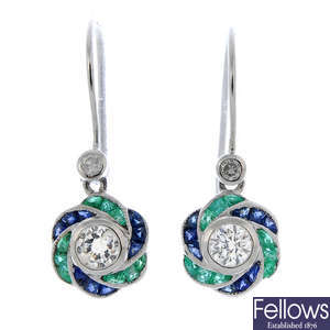 A pair of diamond, emerald and sapphire ear pendants.