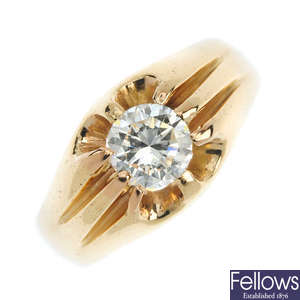 A gentleman's mid 20th century 14ct gold diamond single-stone ring.