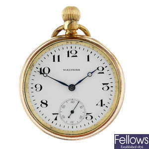 A gold plated open face pocket watch by Waltham.