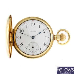 A gold plated full hunter pocket watch by Waltham.