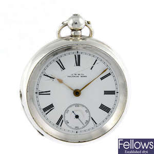 A silver open face pocket watch by Waltham.