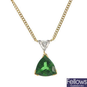 An 18ct gold tsavorite garnet and diamond pendant, with chain.