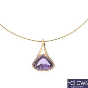 An 18ct gold amethyst and diamond pendant, with collar.