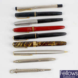 A small selection of pens and pencils, to include two Parker fountain pens, etc. 