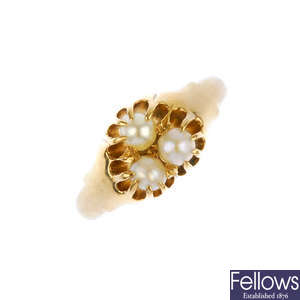 An early 20th century gold cultured pearl dress ring.