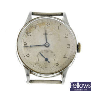 OMEGA - a gentleman's stainless steel watch head.