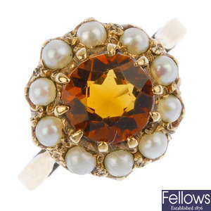 A 9ct gold citrine and seed pearl cluster ring.
