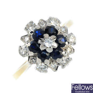 A mid 20th century 18ct gold diamond and sapphire floral cluster ring.