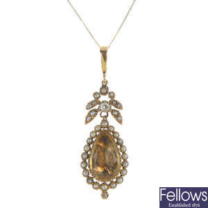 An early 19th century gold foil-back citrine, diamond and split pearl pendant.