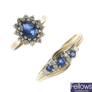 Two gold sapphire and diamond rings.