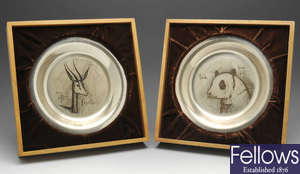 A pair of modern silver Bernard Buffet plates, plus another James Wyeth example.