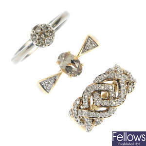 Three 9ct gold diamond and gem-set rings.