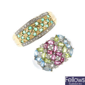 Two 14ct gold diamond and gem-set rings. 
