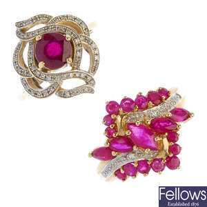 Two glass-filled ruby and diamond dress rings. 
