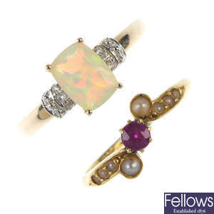 An early 20th century 18ct gold ruby and split pearl ring and a 9ct gold opal ring. 