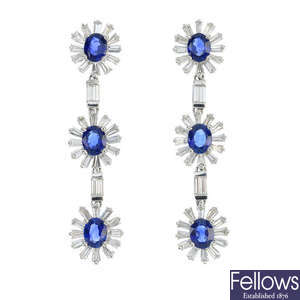 A pair of 18ct gold sapphire and diamond floral ear pendants. 