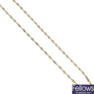 A selection of thirteen 9ct gold chains.