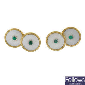 A pair of mid 20th century emerald and mother-of-pearl cufflinks.