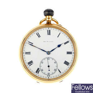 An early 20th century 18ct gold open face pocket watch.