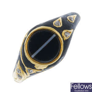 A late Victorian gold enamel, diamond and banded agate ring.