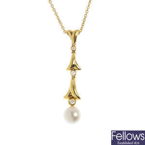 An 18ct gold cultured pearl and diamond pendant