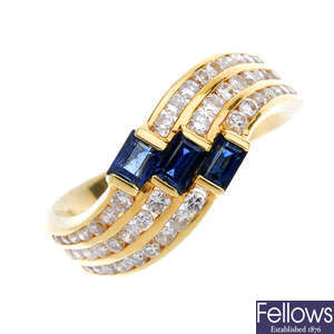 A sapphire and diamond three-row dress ring.