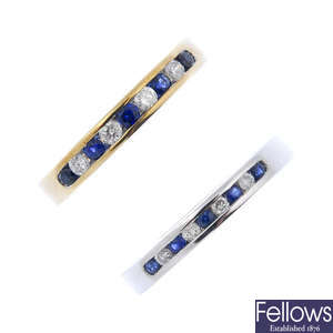 Two 9ct gold sapphire and diamond half-circle eternity rings. 