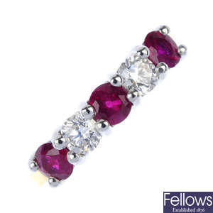 An 18ct gold ruby and diamond five-stone ring.