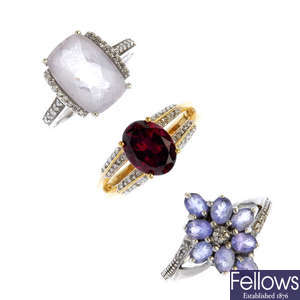 A selection of three diamond and gem-set rings. 