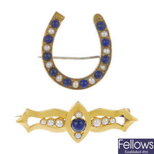 Two late 19th century gold lapis lazuli and split pearl brooches.