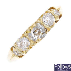 An early 20th century gold diamond five-stone ring.