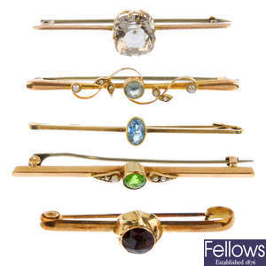 A selection of six mostly gem-set bar brooches.