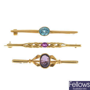 A selection of three gem-set bar brooches.