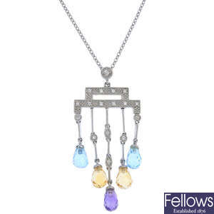 An 18ct gold diamond and gem-set pendant, with chain.