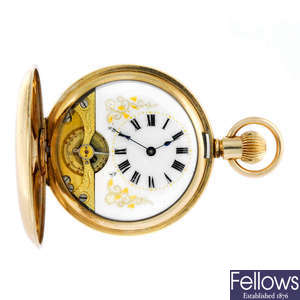 A full hunter gold plated eight day pocket watch.