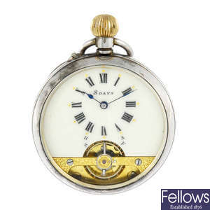 An open face silver eight day pocket watch by Hebdomas.