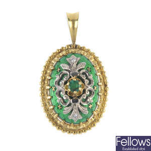 An emerald, diamond and enamel pendant. 