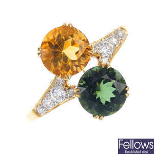 An 18ct gold tourmaline, citrine and diamond dress ring. 