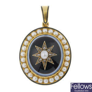 A late 19th century gold banded agate split pearl and enamel pendant.