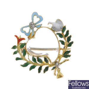 A late 19th century gold, enamel and gem-set brooch.